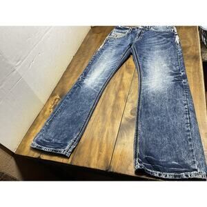 Rock Revival Sphynx Boot Cut Jeans Men's 33 Blue Acid Washed Thick Stitch Y2K